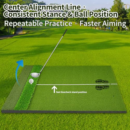 3-in-1 Golf Hitting Mat 5x4ft, Thick Golf Practice Mat with Alignment Line, Fairway/Rough/T-Turf Golf Training Mat, 14 Tees, Golf Mats Practice Indoor Outdoor for Hitting Driving Swing Chipping