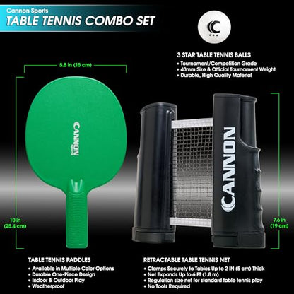 Cannon Sports Table Tennis Set – 2 Unbreakable Paddles, 6 3-Star Balls, Retractable Net & Carry Bag – Clamp-On Portable Ping Pong Net Fits Tables up to 2 Inch Thick, Extends to 6 Feet - color: Green