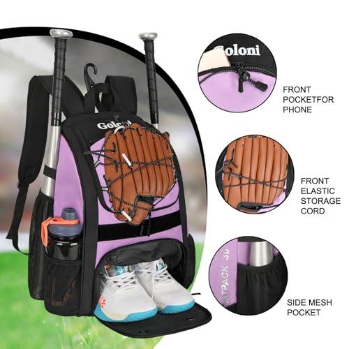 Goloni Youth Baseball Bag,Baseball Backpack with Shoes Compartment,Softball Bag with Fence Hook for T-Ball Bat & Equipment - color: Dark Purple