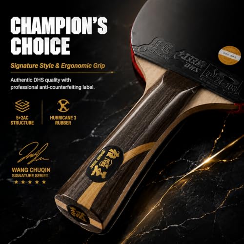 DHS Sports Wang Chuqin Classic Series Table Tennis Racket Set – Professional Ping Pong Paddle, Hurricane King 5+2AC Blade, Hurricane 3 Rubber, Heavy Spin & Fast Attack, Includes 3-Star Balls & Case