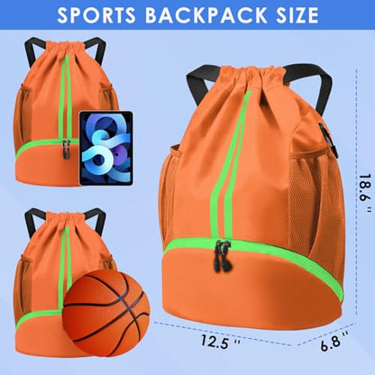 BROTOU Soccer Bags, Football Backpack, Volleyball Bag, Drawstring Backpack with Ball and Shoe Compartment, Football bags for Equipment Swim Gym Bag - color: Orange Yellow