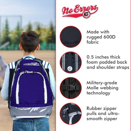 No Errors Sports RBP Rookie Baseball and Softball Backpack - Youth Baseball and Softball Bat Bag with Fence Hooks - Baseball and Softball Equipment Bag for Kids - color: Purple