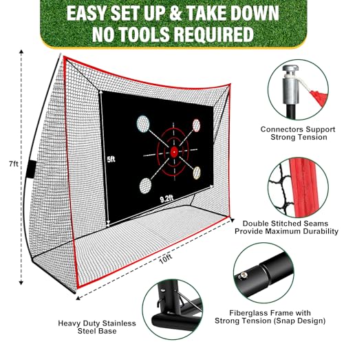 Golf Net, 10x7FT with Golf Practice Mat, Hitting Aid Net with Multi Targets Training for Backyard Driving Chipping Indoor Outdoor Use, 7-Ply Anti-Tear Netting & Carry Bag, Gifts for Men Dad Him Golfer
