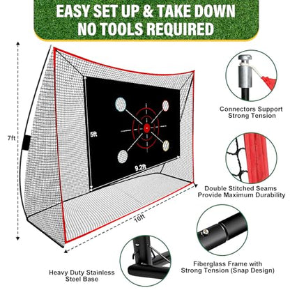 Golf Net, 10x7FT with Golf Practice Mat, Hitting Aid Net with Multi Targets Training for Backyard Driving Chipping Indoor Outdoor Use, 7-Ply Anti-Tear Netting & Carry Bag, Gifts for Men Dad Him Golfer