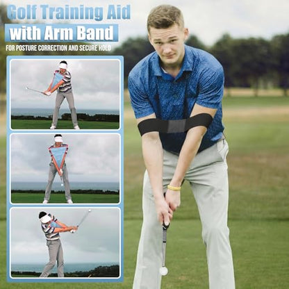Montela Retractable Golf Swing Trainer, Right-Handed Training Aid with Grip Trainer and Arm Band for Swing Tempo & Chipping, Indoor Outdoor Practice for Beginners