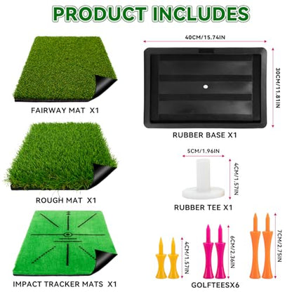 3-in-1 Golf Hitting Mat, 12" x 16" Replaceable Golf Practice Mat with Non-Slip Rubber Base, Golf Training mat for Swing Path, Chipping mat & Putting, Portable for Backyard, Garage, Indoor & Outdoor