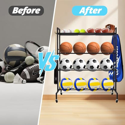 Garage Balls Storage Rack with Baseball Bat Hooks & Baskets, Basketball Holder Stand Rolling Ball Cart with Wheels, Garage Sports Equipment Organizer, Basketball Racks for Balls, Garages Organizer