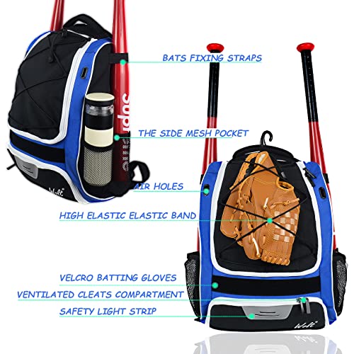 WOLT Youth Baseball Bag - Bat Backpack for Baseball, T-Ball & Softball Equipment & Gear, Bat & Glove Holder, Large Main Compartment for Helmet & accessories, Separate Shoes Compartment, Fence Hook - color: Blue
