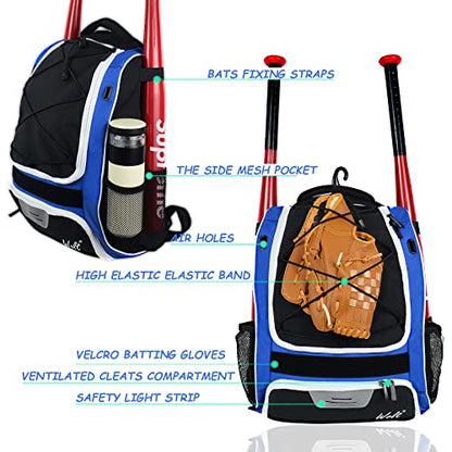 WOLT Youth Baseball Bag - Bat Backpack for Baseball, T-Ball & Softball Equipment & Gear, Bat & Glove Holder, Large Main Compartment for Helmet & accessories, Separate Shoes Compartment, Fence Hook - color: Blue
