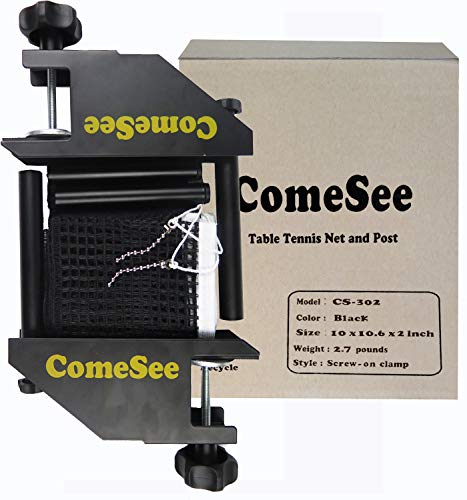 ComeSee Professional Table Tennis Ping Pong Net Post Set Strength Screw Clamp with Net Clip Insert, 1.65 Inch Width Grip Holder, Tension and Height Adjustable Easy Set Up (Black)