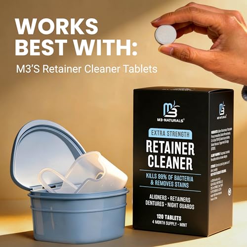 Denture Bath Case and Retainer Case, Denture Bath Cup for Invisalign Retainers Mouthguards Dentures Cleaner Kit with Strainer Spill-Free Portable Retainer Cleaner Case by M3 - size: Bath Case (1 Count)