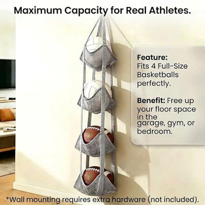4-Tier Over the Door & Wall Mountable Sports Ball Organizer - Hanging Mesh Rack for Basketball, Helmets, Sneakers & Toys - 12" Extra Wide Pocket Storage for Garage, Nursery & Kids Room, Grey