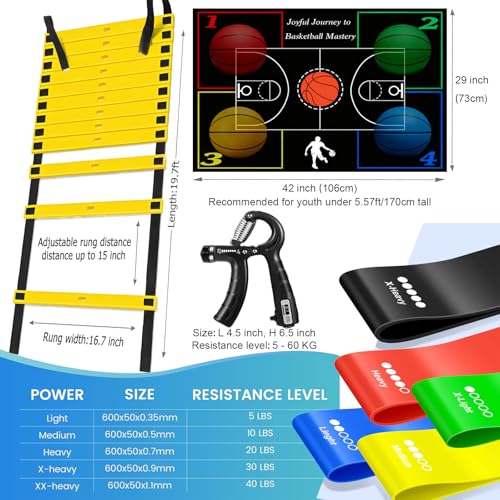 Basketball Training Equipment, Agility Footwork Training Mat, Dribble Trainer, Basketball Practice Aids with Training Mat, Agility ladder, Grip Strengthener, Resistance Bands - color: Black (3D-Muster), size: 42"*29"