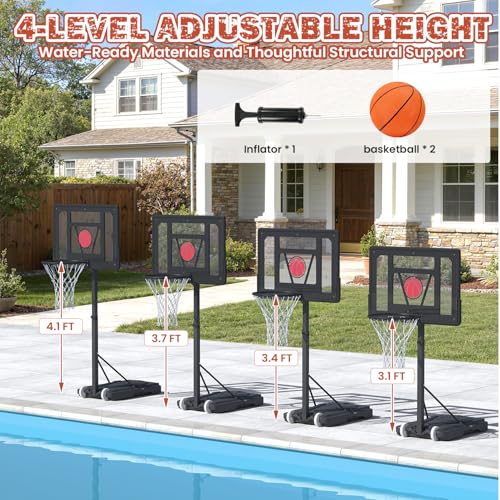 32“x23” Pool Basketball Hoop, 3.1FT-4.1FT Height Adjustable Poolside Basketball Hoop,Include Air Pump,Basketball, Made for Teens, Adults, Black - color: Black, size: 3.1-4.1FT