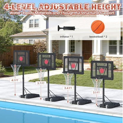 32“x23” Pool Basketball Hoop, 3.1FT-4.1FT Height Adjustable Poolside Basketball Hoop,Include Air Pump,Basketball, Made for Teens, Adults, Black - color: Black, size: 3.1-4.1FT