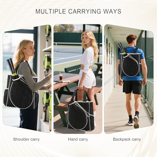 2-in-1 Tennis Tote Bag & Tennis Racket Backpack – Extra-Large Quilted Pickleball Racquet Bags, Water-Resistant & Lightweight for Men & Women - color: Black