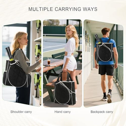 2-in-1 Tennis Tote Bag & Tennis Racket Backpack – Extra-Large Quilted Pickleball Racquet Bags, Water-Resistant & Lightweight for Men & Women - color: Black