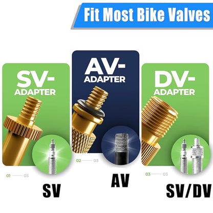 Bike Inflate Valve Adapter Set - Convert Presta to Schrader, Schrader to Presta, Presta to Presta - Tire Valve Extension fit DV SV AV FV Valves (7 Pack)