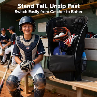 Catchers Gear Bag with Wheels, Large Rolling Baseball Equipment Bag for Helmet, Bats, Cleats, Durable Polyester for Youth and Adults, Black