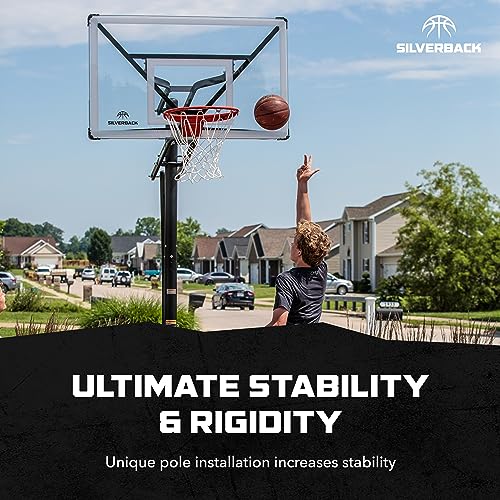 Silverback Height Adjustable In-Ground Basketball Hoop with Tempered Glass Backboard, Pro-Style Breakaway Rim, Pole and Backboard Pad