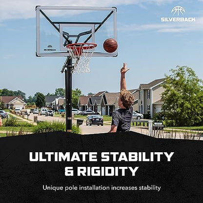 Silverback Height Adjustable In-Ground Basketball Hoop with Tempered Glass Backboard, Pro-Style Breakaway Rim, Pole and Backboard Pad