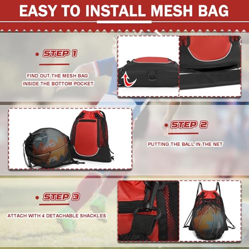 KAEGREEL Drawstring Soccer Bag Basketball Backpack for Kids Teens, Foldable Sports Bags Detachable Ball Mesh Bag for Gym Yoga Football Baseball - color: Red