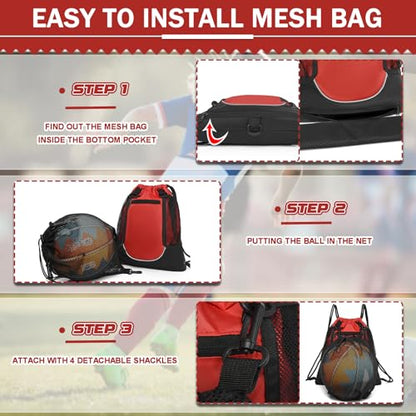 KAEGREEL Drawstring Soccer Bag Basketball Backpack for Kids Teens, Foldable Sports Bags Detachable Ball Mesh Bag for Gym Yoga Football Baseball - color: Red