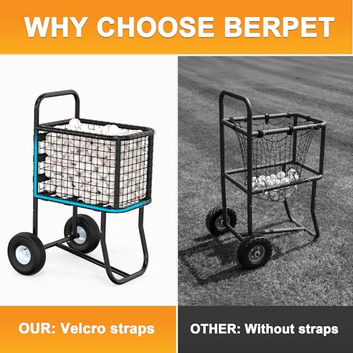 Baseball Cart with 10" Wheels - Large Capacity Ball Holder for Batting Cage & BP, Portable Softball Caddy Holds 300 Baseballs/150 Softballs, Heavy Duty Storage with Anti-Sag Strap (Black)