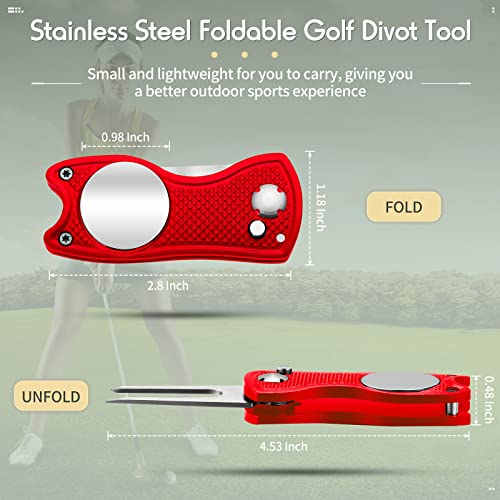 Skylety 4 Pcs Golf Divot Repair Tool Metal Foldable Golf Divot Tool with Magnetic Pop-up Button Ball Marker Stainless Steel Switchblade for Golfers Prizes - color: Red