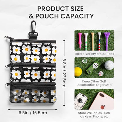 Amy Sport Golf Bag Accessories Valuables Pouch Bags Multi Pocket Zipper Hook with 10 Pcs Wood Golf Tees for Men Women - color: Daisy