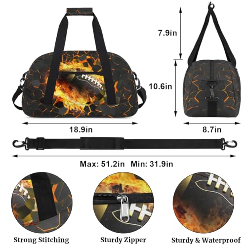 Kids Duffel Bag for Boys - Football Fire Sports Gym Bag Overnight Travel Weekender Bag Lightweight Carry On Sleepovers Bag for School Practice Gymnastics - color: Football