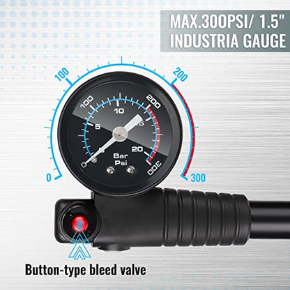 Hycline Shock Pump for Mountain Bike, High Pressure 300 Psi for Front Fork and Rear Bicycle Suspension Air Pump with Gauge Fits Schrader & Presta Tire Valve - color: Titanium