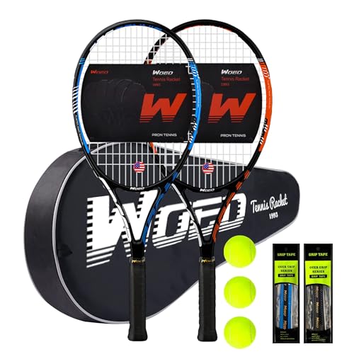 Adult 2 Player Tennis Racket Perfect for Beginner and Professional Players, 27” Speed Tennis Racquet Include Tennis Balls, Overgrips, Tennis Bag, Vibration Dampe, Cover - color: 2 Packs Blue-Orange