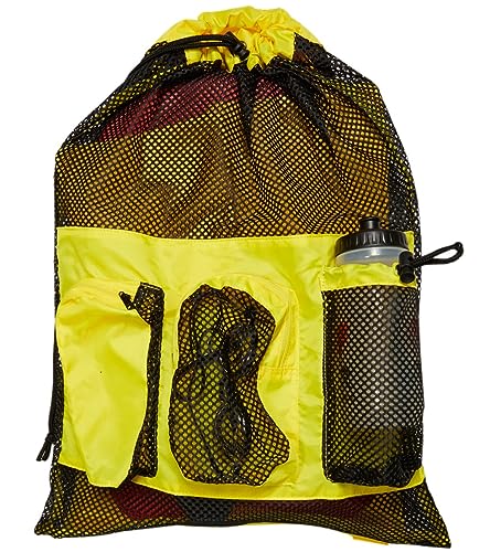 Sporti Swimming Equipment Bag Zipper Pocket, Mesh Drawstring Backpack, Drawstring Bags, Big Mesh Backpack for Workout Gear - color: Equipment - Yellow, style: 4. Two Shoulders & Pockets