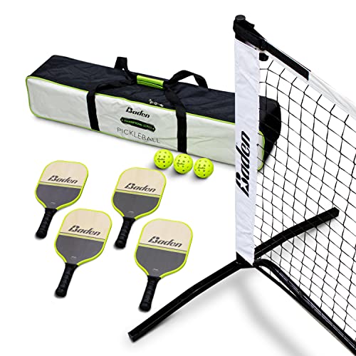 Baden Champions Portable Outdoor Official Size Pickleball Net Set - 22 ft Net, 3 Balls, 4 Wood Paddles & Carrying Case