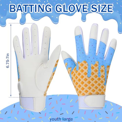 JenPen 1 Pair Youth Ice Cream Drip Batting Gloves 6 Inch Baseball Batting Gloves Long Cuff Leather Ice Cream Drip Pattern Mitt Grip Finger for Softball Teeball Baseball Kids Youth Boys - color: Blue, size: L Size