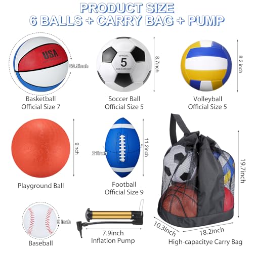 Libima 6 Pcs Multi Sport Ball Set Official Size Football Basketball Soccer Volleyball Playground Ball Baseball with Outdoor Sports Equipment Bag Pump Back to School Sports Gift - style: Multi Style