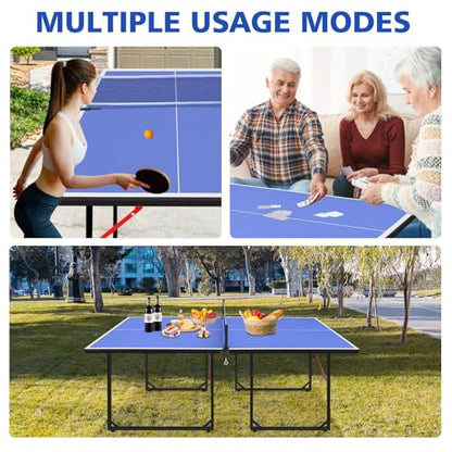 Foldable Ping Pong Table Portable 4.5FT/6FT/9FT Indoor MDF Table Tennis Table Multi-Purpose Family Game Table with Net, 2 Paddles and 3 Balls for Kid Teenager Adult - color: 6FT Blue Black