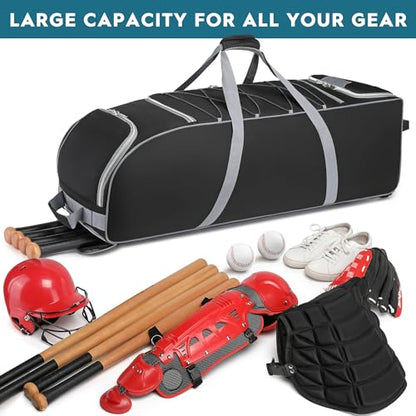 Large Rolling Baseball Catchers Gear Bag with Wheels, Softball Bag for 4 Bats,Equipment Bag with Separate Shoe & Helmet Compartments,Fence Hook for Youth & Adult