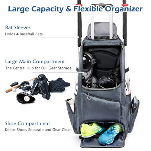 Large Rolling Baseball Catchers Gear Bag with Wheels, Softball Bag with Hard Backing for 4 Bats,Equipment Bag with Separate Shoe & Helmet Compartments, Youth Baseball Bag with 360° Spinner Wheels - color: Grey - Style A - Integrated Rolling System, size: