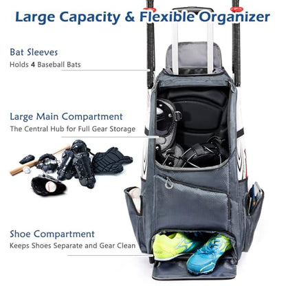 Large Rolling Baseball Catchers Gear Bag with Wheels, Softball Bag with Hard Backing for 4 Bats,Equipment Bag with Separate Shoe & Helmet Compartments, Youth Baseball Bag with 360° Spinner Wheels - color: Grey - Style A - Integrated Rolling System, size: