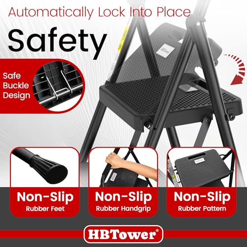 HBTower Step Ladder, Folding Step Stool with Wide Anti-Slip Pedal, Sturdy Steel Ladder, Convenient Handrail, Lightweight, Portable Steel Step Stool - color: Black, size: 2 Step Ladder