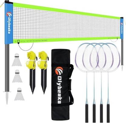 Outdoor Baminton Net Set for Backyard, Beach, Family Games with 20 * 3ft Anti-sag Net, 4 Aluminum Badminton Rackets, 3 Shuttlecocks, Carring Bag - Easy Set Up & Portable - color: Blue