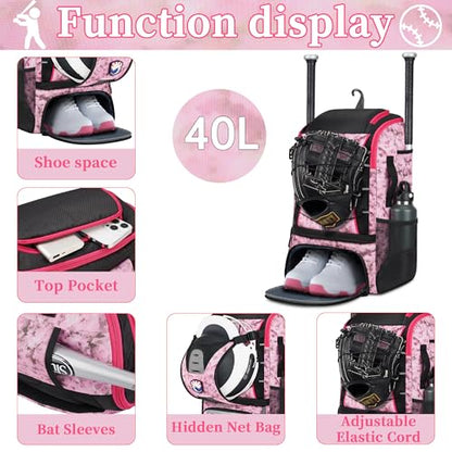 VBK Softball Bag for Girls,Kids Baseball Bag,Baseball Backpack for Boys,Tball Bag,Softball Equipment with Shoes and Ball Compartment - color: Pink