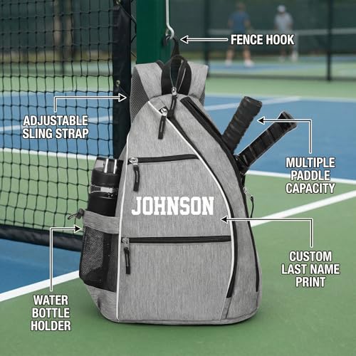 Personalized Pickleball Sling Bag Custom Paddle Backpack with Name or Logo Lightweight Durable Sports Gear Bag for Men Women Adjustable Strap Water Bottle Pocket Fence Hook Storage