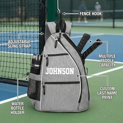 Personalized Pickleball Sling Bag Custom Paddle Backpack with Name or Logo Lightweight Durable Sports Gear Bag for Men Women Adjustable Strap Water Bottle Pocket Fence Hook Storage