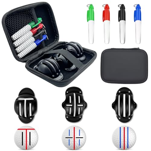 Golf Ball Marker Set with Carry Case, 3 Golf Ball Marking Stencils and 4 Color Golf Ball Markers, Golf Ball Marker Liner Marker, Golf Ball Alignment Marking Tool