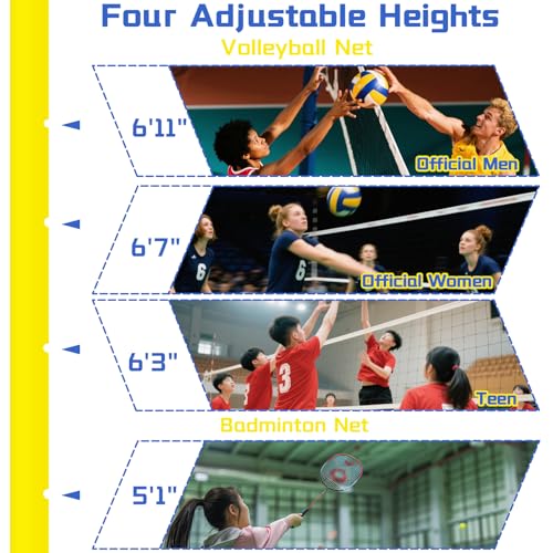 Volleyball Poles with Net, Portable Badminton Net with Poles, 4 Adjustable Heights Volleyball Net Stand for Backyard, Indoor, Outdoor