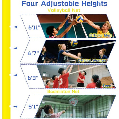 Volleyball Poles with Net, Portable Badminton Net with Poles, 4 Adjustable Heights Volleyball Net Stand for Backyard, Indoor, Outdoor