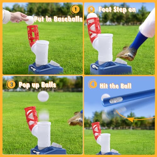 EagleStone Baseball Tee，T-Ball Set for Kids Ages 3-5, Toddler Baseball Set with Step-On Pitching Machine, Adjustable Batting Tee, Bat and 6 Balls - Perfect Outdoor Christmas Toys Gift for Boys - style: Pitching